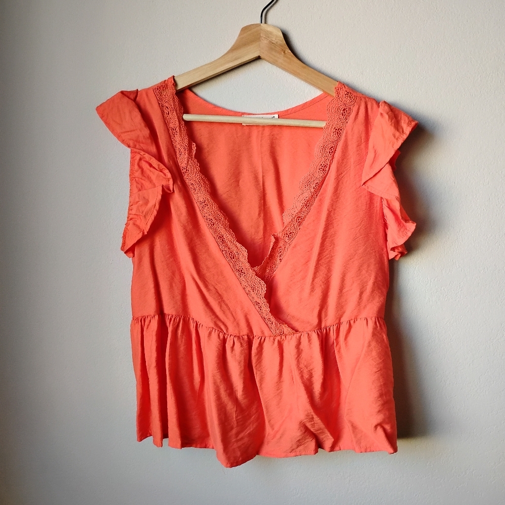 Anna-Kaci California Women's Coral Ruffle Sleeve Top